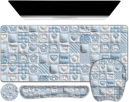 4 in 1 Large Mouse Pad, Keyboard Wrist Rest Set, Ergonomic Mouse Pad with Wrist Support, Desk Mat with Stitched Edges Extended Desk Pad Waterproof Desk Mat for Home Office Game I Cute Rabbit Baby Blue by NXZGO