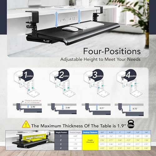 EHO Keyboard Tray with Drawer - Clamp On Under Desk Pull Out Extender Table Attachment Platform with Storage Organizer, Large 27.5" (31.8" Including Clamps) x 12.2", Height Adjustable for Home Office - Image 3