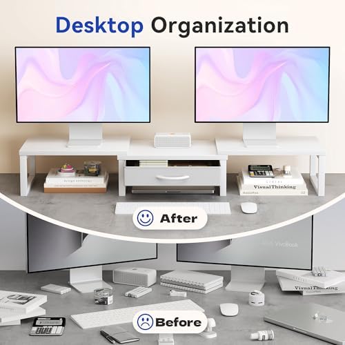 Dual Monitor Stand Riser, Desk Organizers and Accessories with Drawer, Computer Monitor Stands for Desk, Adjustable Desktop Shelf for PC Laptop Printer TV, White - Image 3