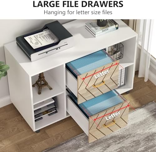 Tribesigns 2 Drawer File Cabinet, Large Mobile Lateral Filing Cabinet for Letter Size, Printer Stand with Storage Shelves and Rolling Wheels for Home Office (White) - Image 5