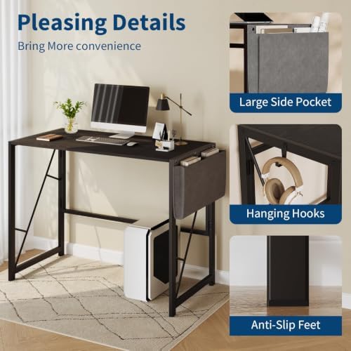 GarveeHome 39.4 Inch Folding Gaming Writing Computer Work Desk for Home Office,with Storage Bag & Hook,Space-Saving,Easy to Fold,Small Table for Bedroom,Apartment,Black - Image 4