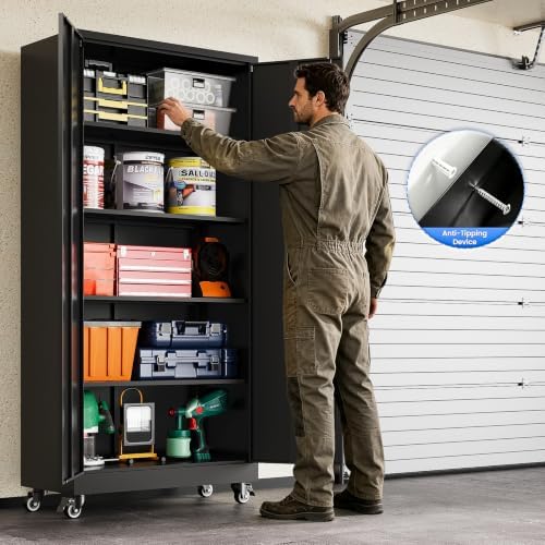 MIIIKO 75" Tall Metal Storage Cabinets with Wheels,Garage Storage Cabinet with Lock,Heavy Duty Tool Cabinets with 2 Doors and 4 Shelves for Garage,Home Office,Shop,Warehouse（Black） - Image 6