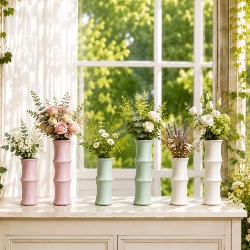 Sage Green Ceramic Bamboo-Inspired Flower Vase Set of 2, Modern Home Decor - Image 5