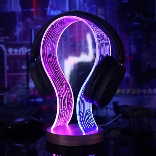 Lampeez Headphone Stand Headset Holder with Blue Pink LED Night Light Walnut Wood for Gamers, Music Lovers Gift Idea - Image 3