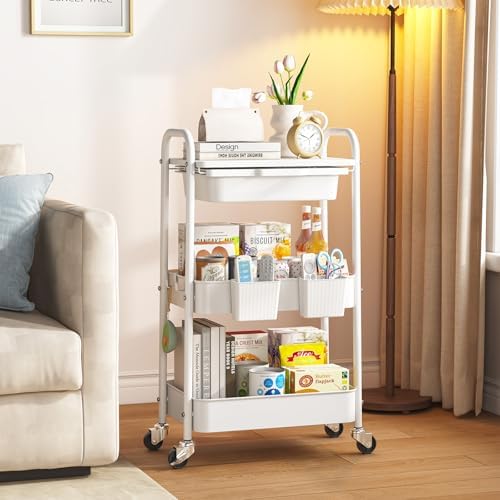 KINGRACK 3 Tier Metal Rolling Cart with Drawer, White Utility Storage Cart - Image 2