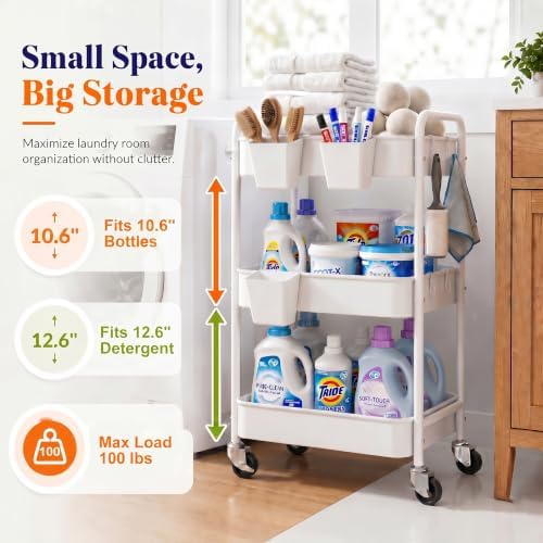 3 Tier Rolling Cart Metal with Wheels, White Three Tiered Carts on Wheels - Image 6