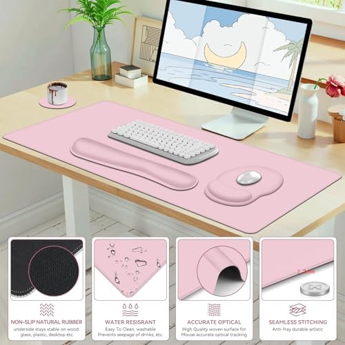 Mouse Pad Desk Pad Protector, Keyboard Wrist Rest + Mouse Pad Wrist Rest +Coaster, Large Gaming Pad for Computer Keyboard Laptop, XXL Desk Mat Writing Pad for Office and Home, Pink - Image 7