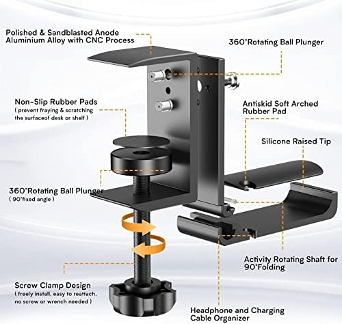 Headphone Stand Headphone Hook, Headphones Stand Under Table Foldable Aluminum Headset Holder Clamp Hanger Mount, Built in Cable Clip Organizer for PC Gaming, Office - Image 6