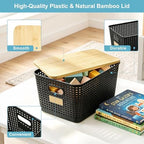 Bagnizer 2 Pack Tall Plastic Storage Bins with Bamboo Lids, 10.8qt Stackable Storages Baskets for Organizing Desktop Closet Playroom Classroom Office, 12"L x 8.3"W x 6.1"H, Black - Image 2