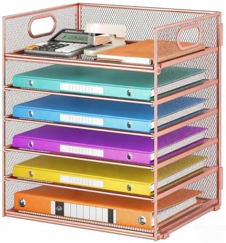 6 Tiers Letter Tray Paper Organizer with Handle, Mesh Desk File Organizer, Metal Desktop Document Shelf Organization, Paper Sorter Organizer for Office, Home or School File Folder Holder (Rose Gold) by Lavatino