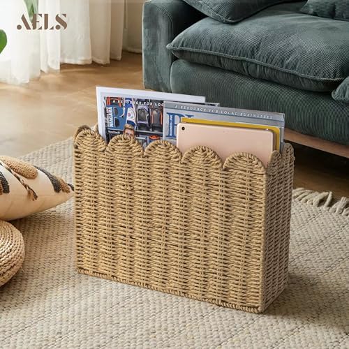 AELS Woven Natural Fibre Magazine Holder, Scalloped Edge Floor Magazine Rack, Hand-woven Organizer, Boho Modern Farmhouse Book Basket, File Newspaper Mail Holder for Office - Image 3