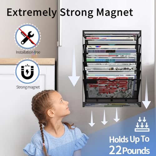 7-Tier Magnetic File Holder, No Drilling Wall File Organizer, Hanging File Organizer, Vertical Holder Rack for File Cabinets, Whiteboard, Refrigerator - Image 5