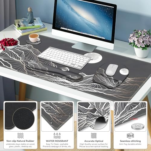 Large Mouse Pad, Keyboard Wrist Rest Set, Ergonomic Mouse Pad with Wrist Support, Desk Mat with Stitched Edges + Coaster, Extended Desk Pad Waterproof Desk Mat for Home Office Game I Moon and Valley - Image 4