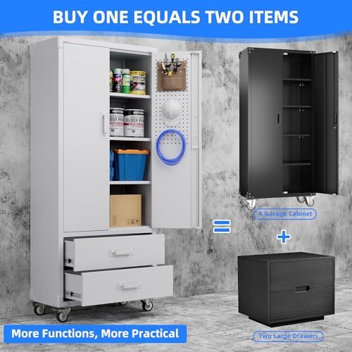 SUXXAN Rolling Storage Cabinet with 2 Doors and 2 Drawers, Heavy Duty Metal Storage Cabinet with Shelves, Locking Steel Cabinet for Warehouse, Home, Office (White) - Image 4