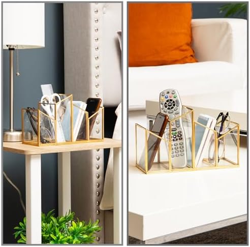 Mind Reader 4-Compartment Angled Glass Pen Holder with Copper Trim, Desktop Organizer for Office Supplies & Accessories, Glass and Copper, Clear - Image 5