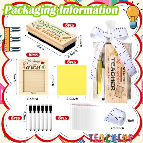 Kosiz 31 Pcs Back to School Teacher Gifts Bulk, Including 6 Thank You Wood Chalkboard Erasers with Markers 6 Note Sticky 6 Wooden Note Holder Measuring Tape for First Day of School Classroom Favor - Image 3