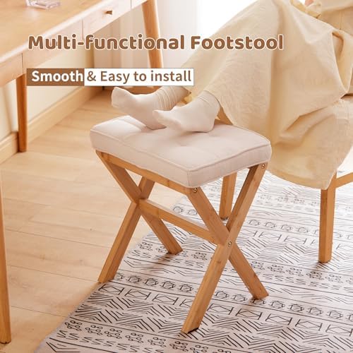 Foot Stool Small Ottoman Foot Rest Padded Foot Stool Desk for Under Office Desk Vanity Stool Bamboo Footstool Sofa Footrest Shoe Stool Small Foot Stools (Natural Legs + Beige) - Image 3