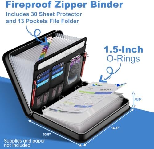 DocSafe File Organizer Zipper Binder with 30 Sheet Protector,Fireproof Accordion 12-Tab Expanding File Folder with Multiple Pockets,Home School Office Safe Storage for Documents,1.5-Inch O-Ring,Black - Image 2