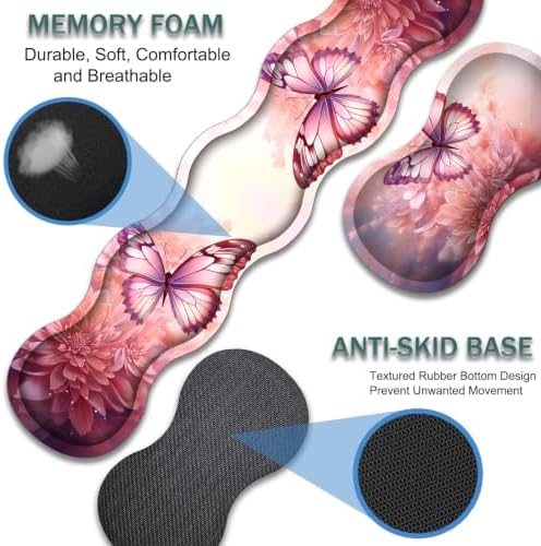 31.5"x 11.8" Oversized Gaming Mouse Pad Set, Ergonomic Keyboard and Mouse Wrist Rest + Cup Holder, Non-Slip Desktop Pad, Suitable for Home and Office Use, Pink Butterfly Flower - Image 2