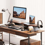 Fenge Dual Monitor Stand, Wooden Desk Shelf with Headphone & Phone Holder - Image 2