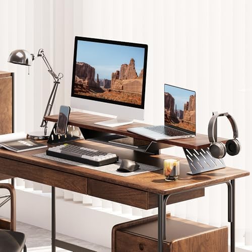 Fenge Dual Monitor Stand, Wooden Desk Shelf with Headphone & Phone Holder - Image 2