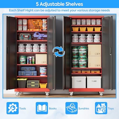 SUXXAN Garage Storage Cabinet with Pegboard,5 Adjustable Shelves,Black-red - Image 4