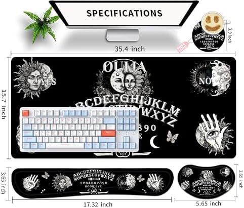 Large Gaming Mouse Pad Set 35.4 x 15.7 with Keyboard Wrist Rest, Wrist Support, and Coaster Memory Foam Smooth Desk Pad Mousepad for Home Office School - Ouija Board - Image 5
