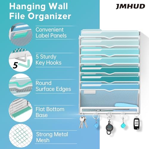 8-Tier Wall File Organizer and Mail Organizer with 5 Hooks, White - Image 3