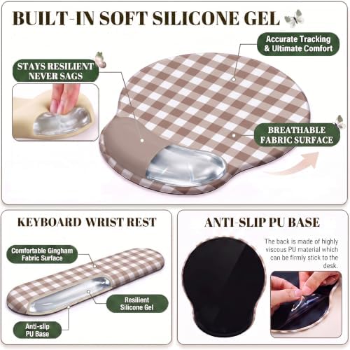 Brown Gingham Scalloped Desk Mat Set, Mouse Pad with Gel Wrist Rest,Ergonomic Keyboard Wrist Support for Women Non-Slip Desk Pad Home Office Decor - Image 5