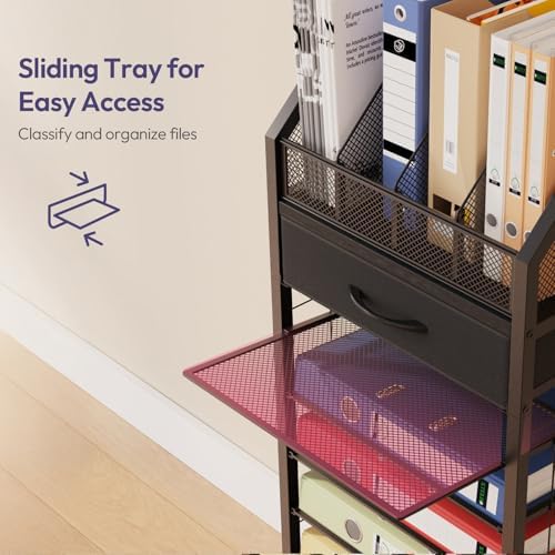 SWTYMIKI 9-Tier Rolling File Cart - Paper Organizer with Drawer and Trays, Wood Desk Office Organizer, Office Organization and Binder Storage for Workspace, Home, School, Black - Image 4