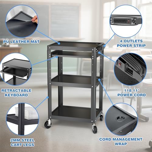 POCHAR Steel AV Cart on Wheels - Rolling Projector Cart with Height Adjustable Shelf, Pullout Keyboard Tray, Power Strip, Cord Management - Mobile Media Carts Computer Workstation for Office Classroom - Image 5