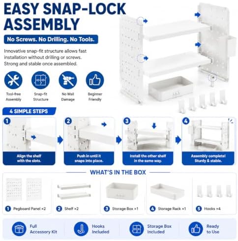 White 2-Tier Metal Desk Organizer with Pegboard & 6 Accessories, 20" × 15" × 8" Adjustable Desktop Storage Shelf for Office, Study & Student Desk - Image 4