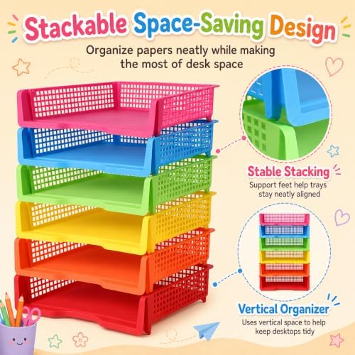 6 Pcs Colorful Turn in Trays Classroom, Stackable Paper Bins for Classroom, 13x9x2.8 inch Plastic Baskets Desktop Organization System Office (Colorful) - Image 4