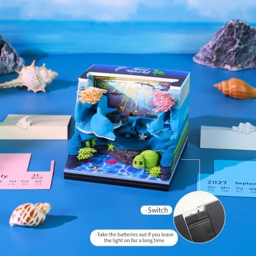 3D Calendar 2027, 3D Memo Pad Art Sticky Notes, Time Piece Calendar 2027, Creative Weekly Notepad with Light, Paper Carving Art Desktop Gift for Christmas Birthday Anniversaries (Sea World 2027) - Image 4