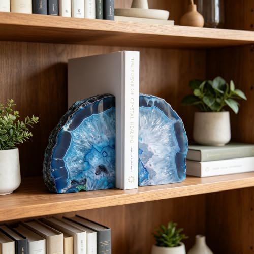 Natural Teal Dyed Agate Geode Bookends - 2 to 3 lb Heavy Duty Rock Crystal Stone Book Ends for Shelves, with Rubber Bumpers, Decorative Book Holders for Home Office - Image 7