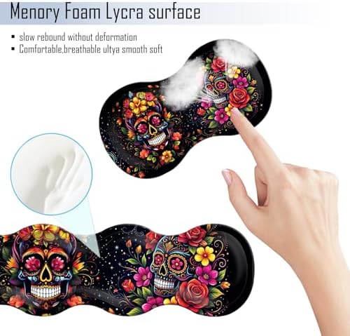 TGFEWYTJYJ Extended Gaming Mouse Pad,Memory Foam Ergonomic Keyboard Mouse Wrist Rest Support Set,Large Desk Mat with Stitched Edges,Non-Slip Base Mousepad Home Office,Skull in Flowers - Image 5