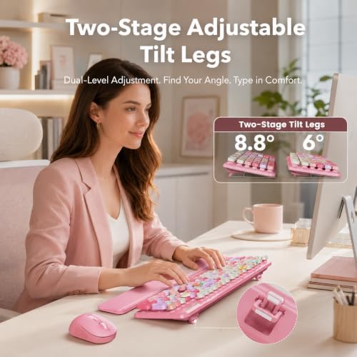 Wireless Keyboard and Mouse Combo, Round Keycaps, Magnetic Wrist Rest, Pink - Image 4