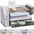 gianotter Desk Organizers and Accessories with File Holder, 4-Tier Desk Accessories & Workspace Organizers with Drawer and 2 Pen Holder, Paper Organizer for Office Supplies (Wood) by gianotter