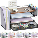 gianotter Desk Organizers and Accessories with File Holder, 4-Tier Desk Accessories & Workspace Organizers with Drawer and 2 Pen Holder, Paper Organizer for Office Supplies (Wood) by gianotter
