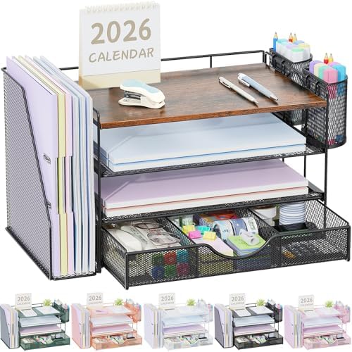 gianotter Desk Organizers and Accessories with File Holder, 4-Tier Desk Accessories & Workspace Organizers with Drawer and 2 Pen Holder, Paper Organizer for Office Supplies (Wood) by gianotter
