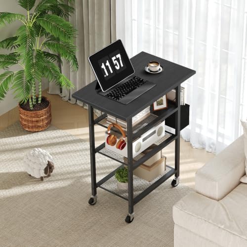 MAHANCRIS 4-Tier Printer Stand, Rolling Printer Table on Wheels, Industrial Storage Stand with Side Pocket, Wooden Tabletop, 2 S-Shaped Hooks, for Home Office, Black PTBK2601 - Image 5