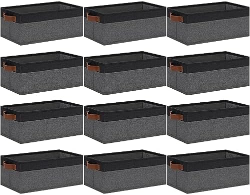GhvyenntteS Small Fabric Storage Bins 12 Pack, 11.8" x 7.87" x 5.11" Storage Basket with Leather Handles, Closet Storage Bins for Shelves, Storage Baskets for Shelves, DVD Storage (Grey/Black) by GhvyenntteS