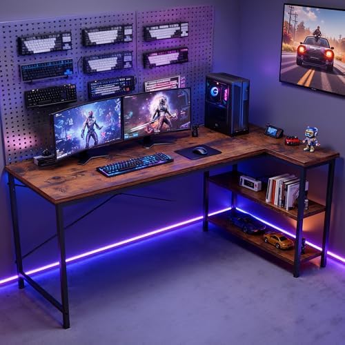 DUMOS 39" L Shaped Gaming Desk, Corner Desks with Storage Shelves, Brown - Image 2