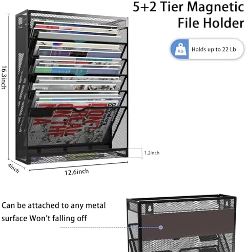 7-Tier Magnetic File Holder, No Drilling Wall File Organizer, Hanging File Organizer, Vertical Holder Rack for File Cabinets, Whiteboard, Refrigerator - Image 4
