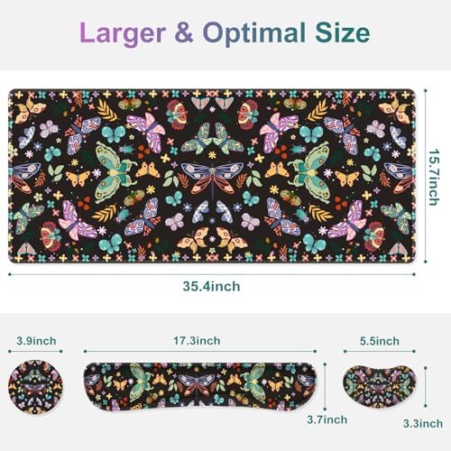 Desk Mat Pad, Gaming Mouse Pad Wrist Support Set, 4 in1 Non-Slip XXL Large Mousepad + Ergonomic Keyboard Wrist Rest+Mouse Wrist Rest+Coaster for Home Office Computer I Colorful Butterfly - Image 3