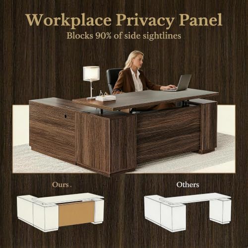 70 Inches L Shaped Executive Standing Desk, Electric Height Adjustable Desk with File Cabinet, Computer Corner Table with AC/USB and Privacy Panel for Home and Office, Black Walnut - Image 6