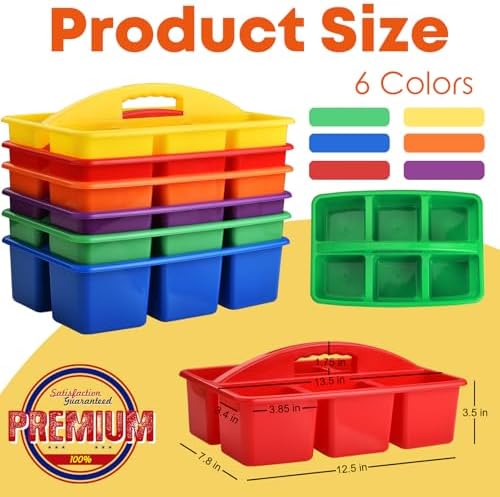 ALINK Plastic Classroom Caddy with 6 Compartments, 6-Pack Teacher Supply Storage Caddy Organizer for Classroom Supply, Office, Table, Desk, Craft Art, Pencil, Crayon, Marker - Assorted Colors - Image 2