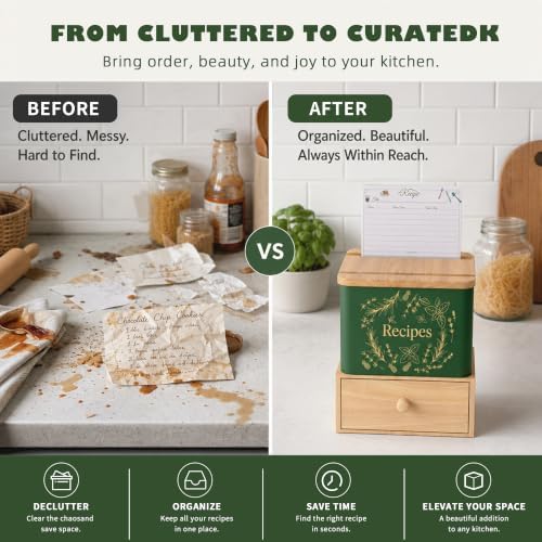 Orionstar Recipe Box Set with Wooden Drawer, Phone Stand, Vintage Green - Image 5