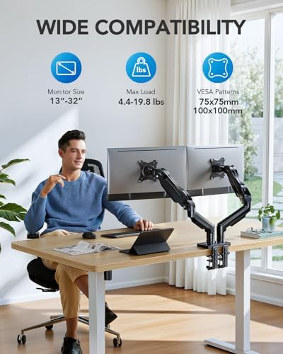 HUANUO FlowLift™ Dual Monitor Stand, Fully Adjustable Gaming Monitor Desk Mount for 13–32″ Computer Screens, Full Motion VESA 75x75/100x100 with C-Clamp & Grommet Base, Each Arm Holds 4.4 to 19.8 lbs - Image 2
