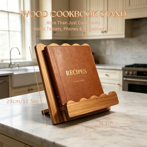 Scalloped Wooden Wood Recipe Cookbook Holder Stand for Kitchen Counter, Rustic Wood Cookbook Holder Display, Wooden Cookbook Stands Kitchen Book Holder Easel for Tablet, textbooks reading2 - Image 2